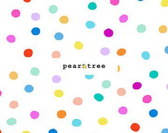May include: White fabric with a scattered pattern of colorful polka dots in various sizes. The fabric has the word "peartree" printed in black text.