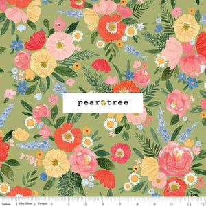 May include: A green fabric with a floral pattern featuring pink, yellow, and red flowers. The fabric is printed with the text "pear tree".