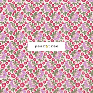 May include: A repeating pattern of pink cherries and red flowers with green leaves on a white background. The text "pear tree" is displayed in a white rectangle.