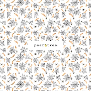 May include: A seamless pattern featuring black spiderwebs, orange leaves, and small black spiders on a white background. The text "peartree" is centered at the bottom of the image.