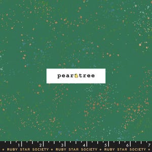 May include: Green fabric with a speckled pattern in orange, blue, and white. The text "pear tree" is displayed in a white rectangle. The bottom of the fabric has a ruler with the text "RUBY STAR SOCIETY".