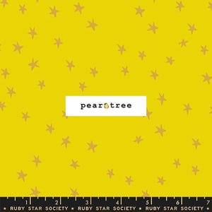 May include: Yellow fabric with a pattern of gold stars. The text "pear tree" is in a white rectangle. The bottom of the fabric has a ruler with the text "RUBY STAR SOCIETY".