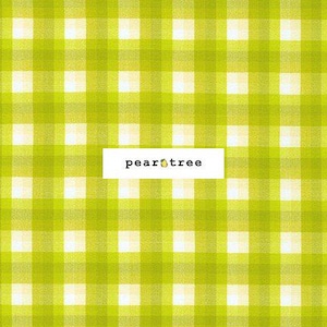 May include: A green and white gingham pattern with the text "peartree" in the center.
