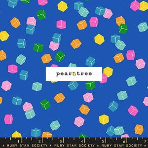 May include: A blue background with a repeating pattern of colorful squares. The squares are in various colors, including pink, yellow, green, orange, and blue. The pattern is reminiscent of a child's building blocks.
