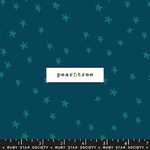 May include: Teal fabric with a scattered star pattern in a darker teal color. The fabric features the text "pear tree" in a white rectangle. The bottom of the fabric has a ruler and the text "RUBY STAR SOCIETY".