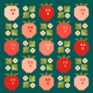 May include: A repeating pattern of red and pink apples with green leaves and white flowers on a teal background.