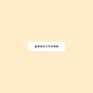 May include: A white rectangle with the text "peartree" in black font. A small yellow pear with a green leaf is centered in the text.