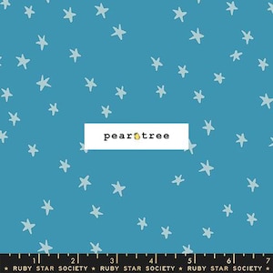 May include: Teal fabric with a scattered pattern of light blue stars. The fabric features the text "pear tree" in a white rectangle. A ruler is at the bottom with the text "RUBY STAR SOCIETY".