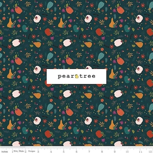 May include: A teal fabric with a repeating pattern of gourds, leaves, and flowers. The fabric has the text "pear tree" in white.