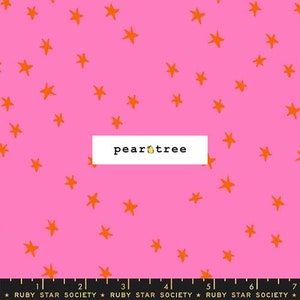 May include: Pink fabric with a pattern of orange stars. The text "pear tree" is in a white rectangle. A ruler with the text "RUBY STAR SOCIETY" is at the bottom.