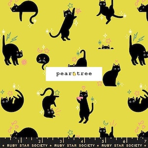 May include: A chartreuse fabric featuring a repeating pattern of black cats in various poses, accented by small colorful stars, moons, and lightning bolts. The text "pear tree" is centered, and a ruler at the bottom reads "RUBY STAR SOCIETY".