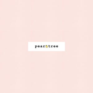 May include: A white rectangle with the text "peartree" in black font. A small yellow pear with a green leaf is centered in the text.