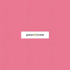 May include: A pink background with the text "peartree" in black font with a small yellow pear icon.