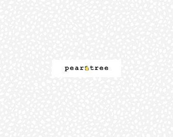 May include: White fabric with a subtle, all-over pattern of small, irregular shapes. A rectangular label in the center reads "pear tree" in a black, sans-serif font, with a small yellow pear icon. The fabric is marked with a ruler along the bottom.