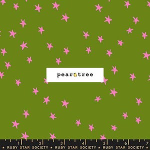 May include: Green fabric with a pattern of pink stars. The text "pear tree" is in a white rectangle. The bottom of the image has a ruler and the text "RUBY STAR SOCIETY".
