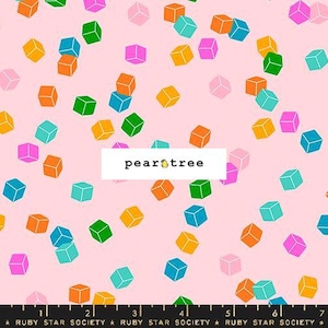 May include: Pink fabric with a repeating pattern of colorful squares. The squares are in various colors, including red, orange, yellow, green, blue, and purple. The fabric is designed by Pear Tree and is part of the Ruby Star Society collection.