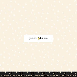 May include: Cream-colored fabric with a scattered pattern of white stars. The text "pear tree" is displayed in a white rectangle. A ruler is at the bottom with the text "RUBY STAR SOCIETY".