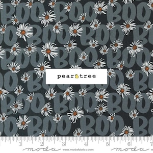 May include: Black fabric with a white daisy pattern and the word "BOO" repeated in a gray color.