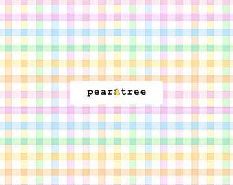 May include: A fabric with a pastel plaid pattern in shades of pink, blue, green, and yellow. The fabric has a ruler along the bottom edge, with measurements in inches. The text "pear tree" is in the center.