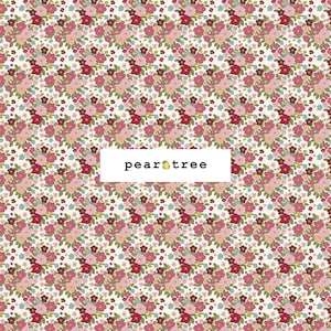 May include: A floral pattern featuring clusters of pink, red, and peach flowers with green leaves and small blue accents on a white background. The text "pear tree" is displayed in a white rectangle.