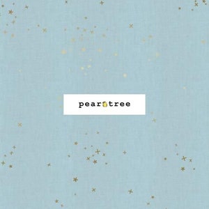 May include: Light blue fabric with a scattered pattern of gold stars and crosses. The fabric has a subtle texture and a pear tree logo in the center.
