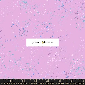 May include: A light purple fabric with a speckled pattern in white and blue. The text "pear tree" is displayed on a white rectangle. The bottom of the fabric has a ruler with the text "RUBY STAR SOCIETY".