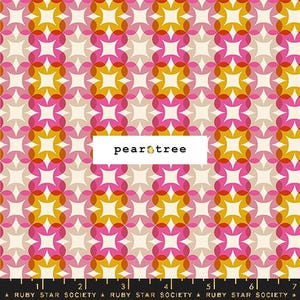 May include: A seamless pattern featuring overlapping circles in shades of pink, yellow, and white. The pattern is repeated throughout the fabric, creating a geometric design.