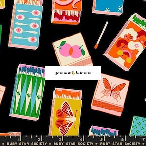 May include: A black background features a repeating pattern of colorful matchboxes. The matchboxes have various designs, including spoons, peaches, butterflies, and faces. The text "pear tree" is in the center.