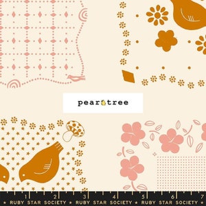 May include: A cream-colored fabric with a repeating pattern of pink and orange flowers, birds, mushrooms, and stars. The fabric is labeled "pear tree" and "RUBY STAR SOCIETY".