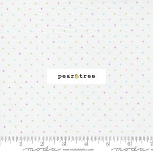 May include: White fabric with a scattered pattern of small stars in pink, green, and blue. The text "peartree" is printed in yellow on a white rectangle.