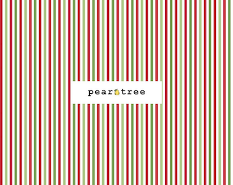 May include: Red and green striped fabric with the text "pear tree" in the center.