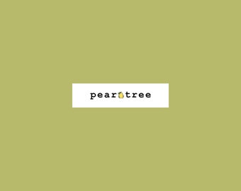May include: A white rectangle with the text "peartree" in black font. A small yellow pear with a green leaf is centered in the text.