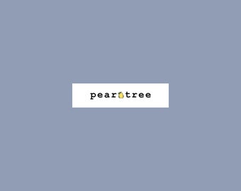 May include: A white rectangle with the text "peartree" in black font and a yellow pear with a green leaf in the middle of the text.