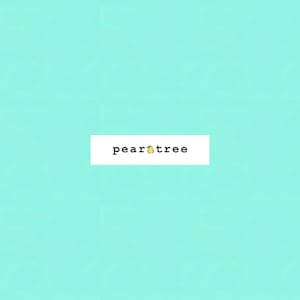 May include: A light blue background with the text "peartree" in black font. A small yellow pear with a green leaf is centered in the text.