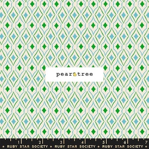 May include: A white fabric with a repeating pattern of green and blue diamonds. The fabric is labeled "pear tree" and "RUBY STAR SOCIETY".