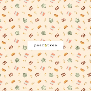 May include: A seamless pattern featuring a variety of picnic-themed illustrations, including hot dogs, pretzels, bags of chips, shopping baskets, and small triangles. The background is a light peach color.