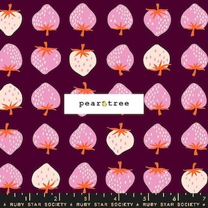 May include: A repeating pattern of strawberries in shades of pink and white with orange stems and leaves on a dark purple background. The text "pear tree" is displayed on a white rectangle.