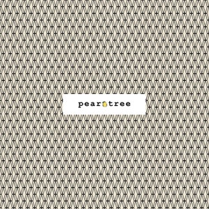 May include: A repeating geometric pattern of thin black lines forming elongated hexagons on a cream background. A white rectangular label in the center displays the black text pear tree with a small yellow pear icon replacing the letter a.