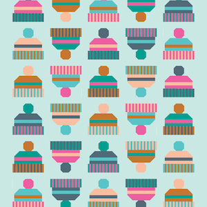 May include: A repeating pattern of colorful winter hats in various color combinations. Each hat features a striped brim and a solid-colored crown with a pom-pom. The hats are in shades of pink, teal, brown, and gray, set against a light blue background.