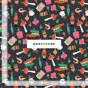 May include: A dark gray fabric with a repeating pattern of Christmas-themed illustrations. The design includes ornaments, mushrooms, cars with Christmas trees, nutcrackers, and Santa Claus figures. The text "pear tree" is in a white rectangle.