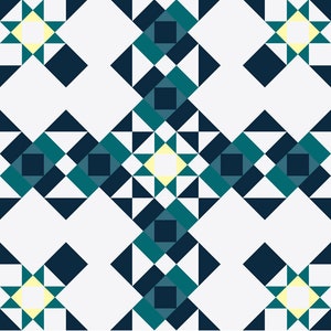 May include: A seamless pattern with a geometric design featuring white, yellow, teal, and dark blue squares and triangles.