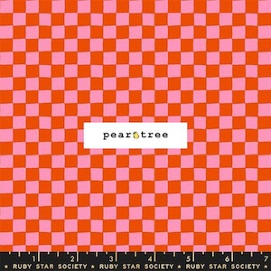 May include: A fabric swatch featuring a vibrant checkerboard pattern of bright orange and light pink squares with hand-drawn edges. A white rectangular label in the center displays the text pear tree with a small pear icon. A 7-inch ruler is visible.