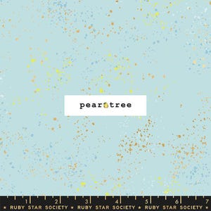 May include: Light blue fabric with a speckled pattern in gold, yellow, and blue. The text "pear tree" is displayed in a white rectangle. The bottom of the image has a ruler with the text "RUBY STAR SOCIETY".