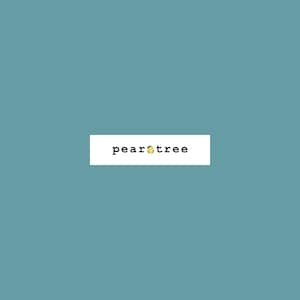 May include: A white rectangle with the text "peartree" in black font and a yellow pear with a green leaf in the middle of the text.