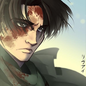 May include: Digital illustration of a character with dark hair and intense eyes, blood stains on the face. The character is wearing a green garment, with Japanese text on the right side. The background is a gradient of blue and yellow.