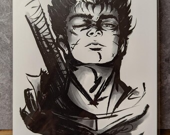 Guts Berserk Fan Art Manga Print | Black & White Brush Ink Style