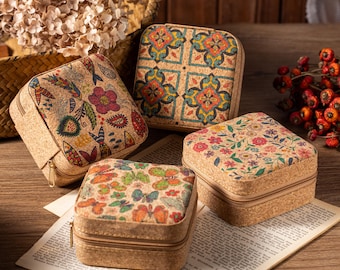 Cork Jewelry Box with Floral Print, Travel-Friendly Organizer for Rings and Earrings,Bridesmaid or Daughter Gift,Vintage Style Keepsake Case