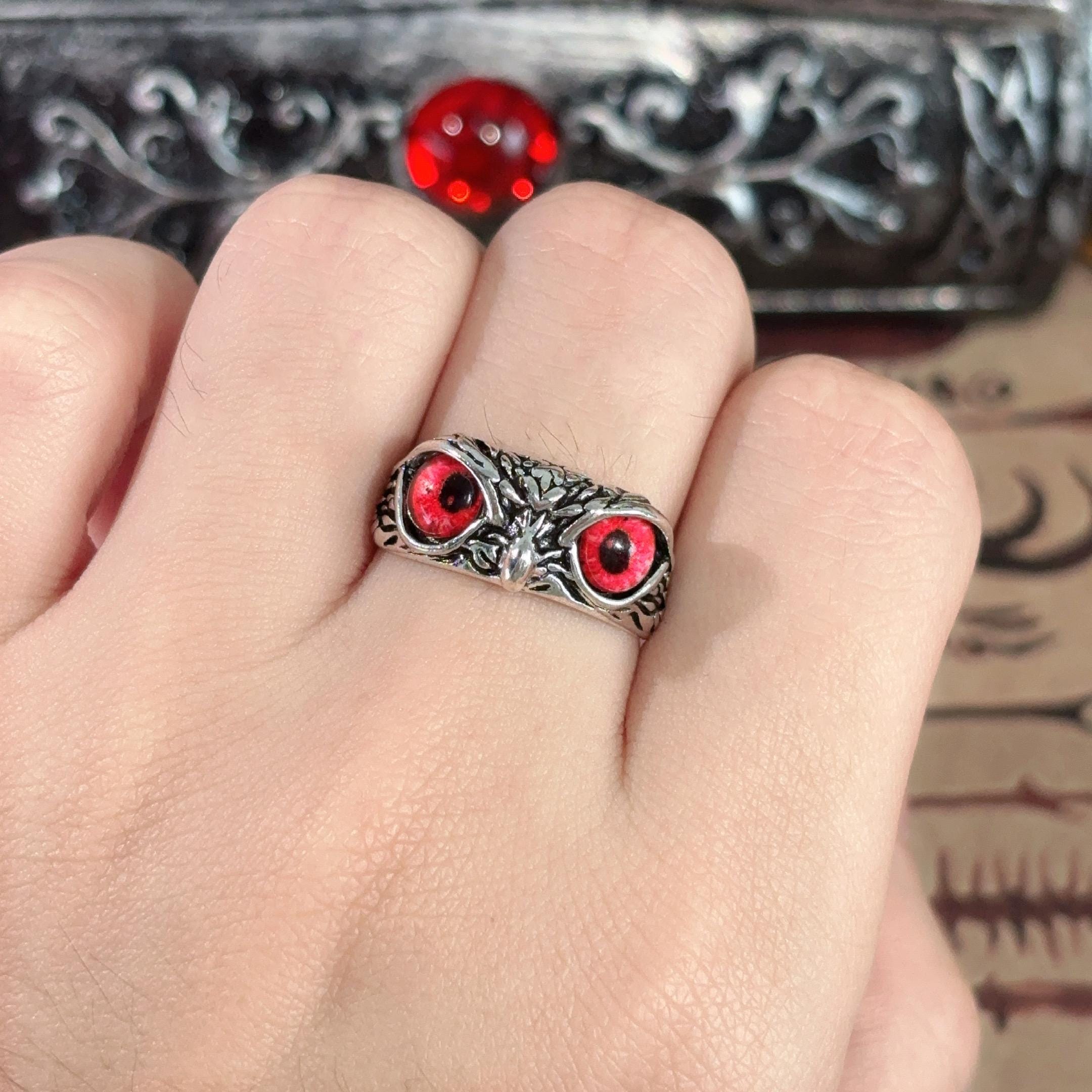 Red Eye Owl Ring,Gothic Adjustable Silver Band with Animal Eye Detail, Handmade Unisex Statement Jew