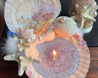 Mermaid Shell Jewelry Tray or Candle Holder – Handmade Fairycore Decor Gift for Mom, Girlfriend, Wedding, Christmas, Vanity Display