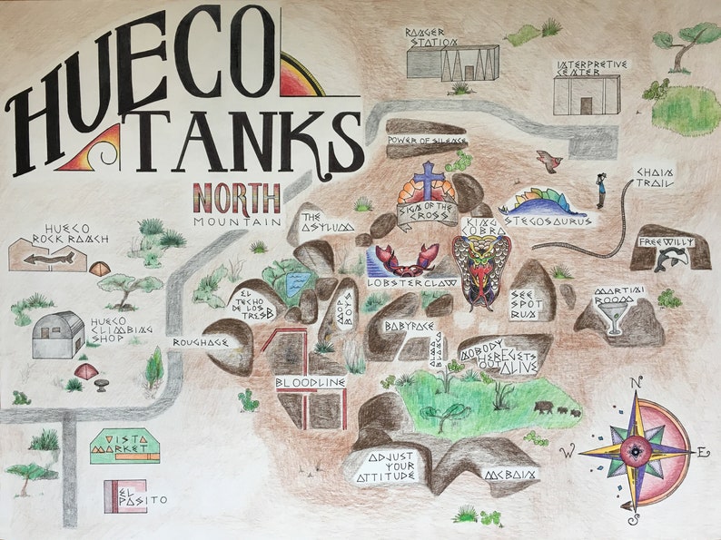 Hueco Tanks Map Illustrated Climbing Map North Mountain Etsy Singapore